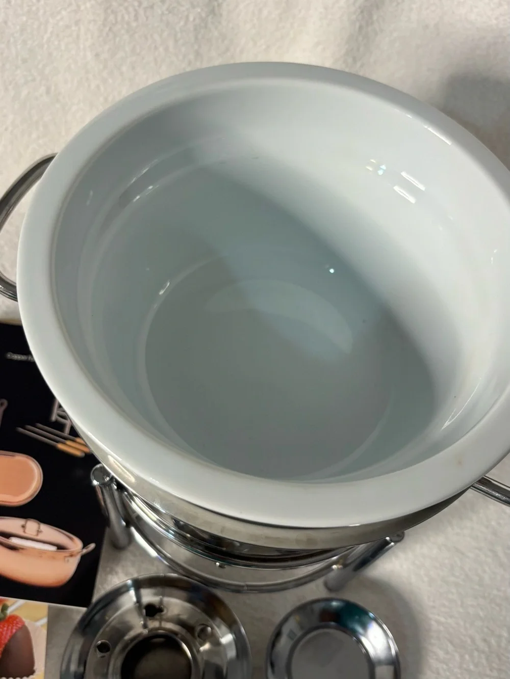 Williams Sonoma Stainless Steel and White Ceramic Fondue Set